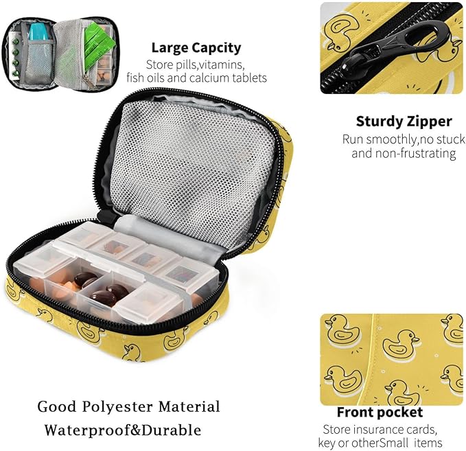 Fustylead Yellow Rubber Duck Pill Organizer Travel Bag, Small Portable Pill Case Cute for Vitamin Fish Oil Supplements Medicine Organizer with Zipper