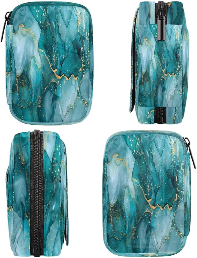Abstract Teal Ink Marble Travel Pill Organizer Box Weekly Portable Pill Case Daily Pills 7 Day Small Birth Control Pills Container Removable Compartments for Medicine Vitamins Fish Oil