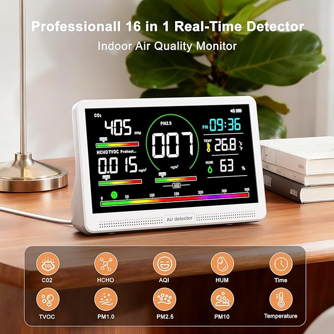 16 in 1 Air Quality Monitor Indoor 7" Display 9 AQI+7 AQI Alerts,Portable Air Quality Tester CO2, TVOC, PM2.5 PM1.0 PM10, HCHO Temperature Humidity Temp & Time Air Quality Meter for Home