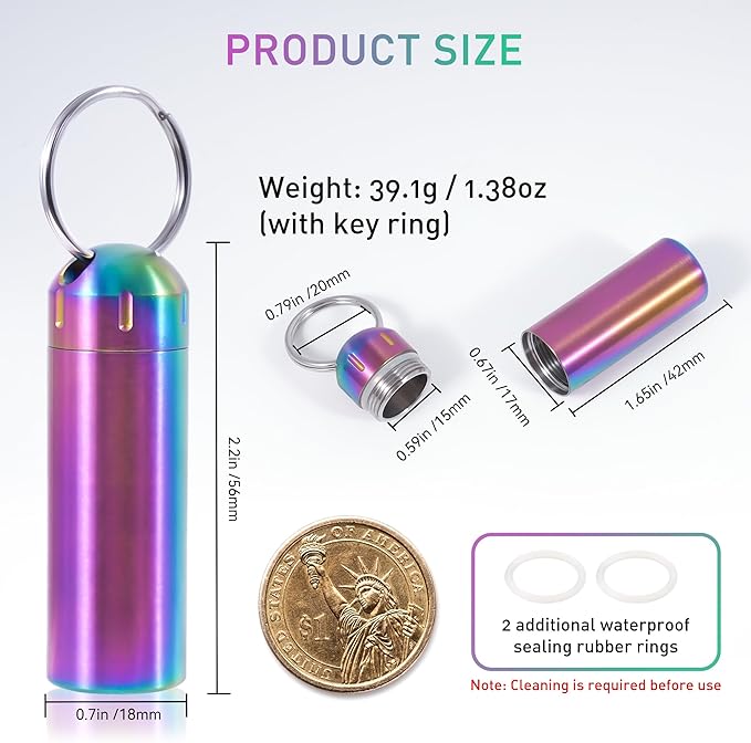 VTAR 100% Waterproof Stainless Steel Pill Case - Leakproof Single Compartment Pill Organizer, Portable Travel Keychain Pill Box for Purse Pocket (Small Pill Container)