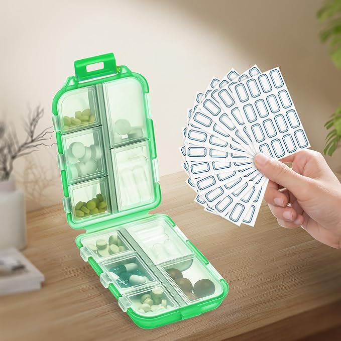 INVODA 12PCS 10-Compartment Pill Organizer BPA-Free Travel Pill Case with Daily Labels Portable Medicine Box for Vitamins, Supplements & Jewelry