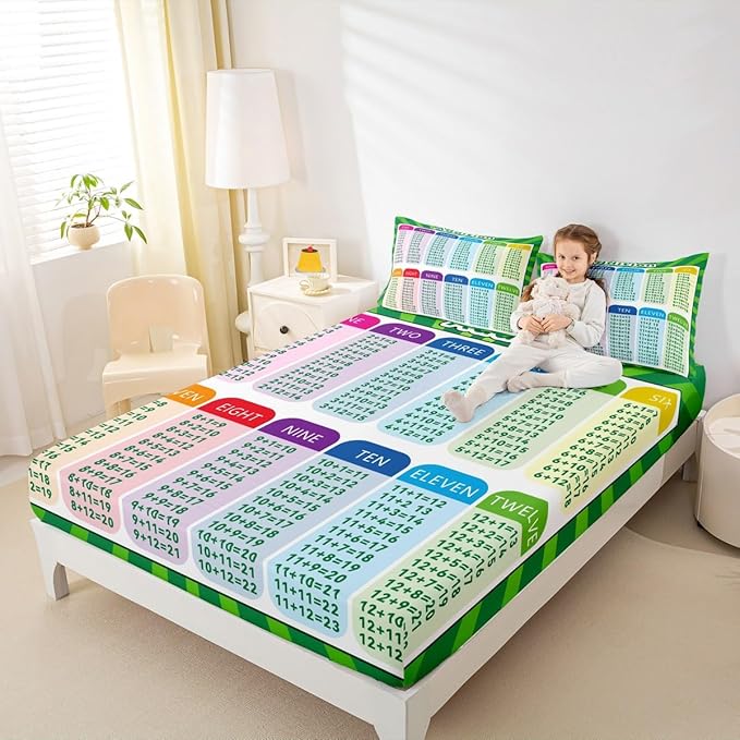 Feelyou Kids Educational Bed Sheet Set Twin Size, Addition Bedding Set Math Learning Fitted Sheet Boys Girls Kindergarten Teens Bedroom Decor Lightweight Bed Set (No Flat Sheet)