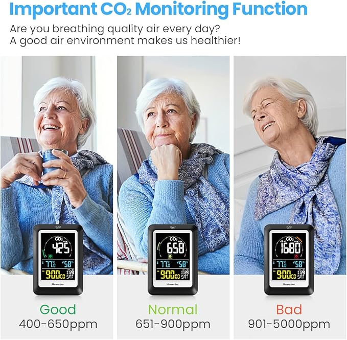 Newentor CO2 Detector with Indoor Temperature Humidity, CO2 Monitor with Clock Alarm, Carbon Dioxide Detector for Home, Portable Air Quality Monitor CO2 Meter Sensor for Tent Garden Plant, Black