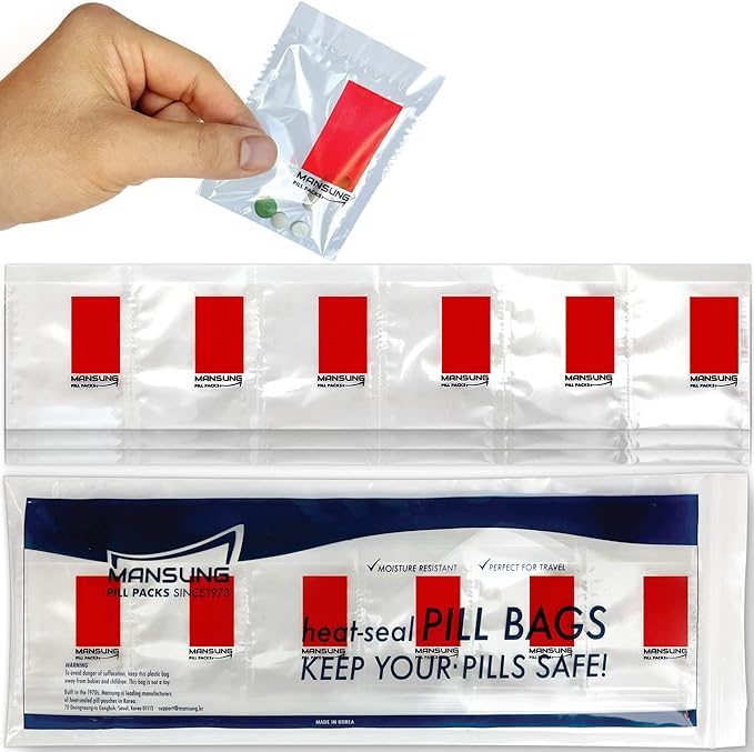 Mansung M 600 Bags/Red, Heat Seal Pill Bags, Suite, Sorter Organizer for Medication, Food Safe, BPA Free Heat Seal Bag pouche Pack Organizer Dispenser kit Daily Blister Packs Use with Tray, AM PM