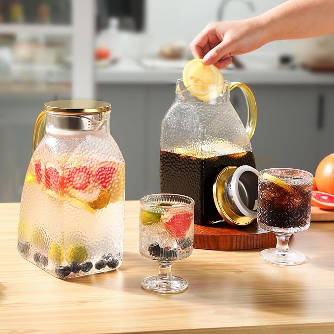 2 Pack Glass Pitcher with Lid and Handle, 1.8 Liter 60 oz Water Jugs for Fridge, Iced Tea Pitcher, Juice Carafe, Milk, Coffee, Hot/Cold Beverage Container（with Mixing Spoon and Cup Brush）