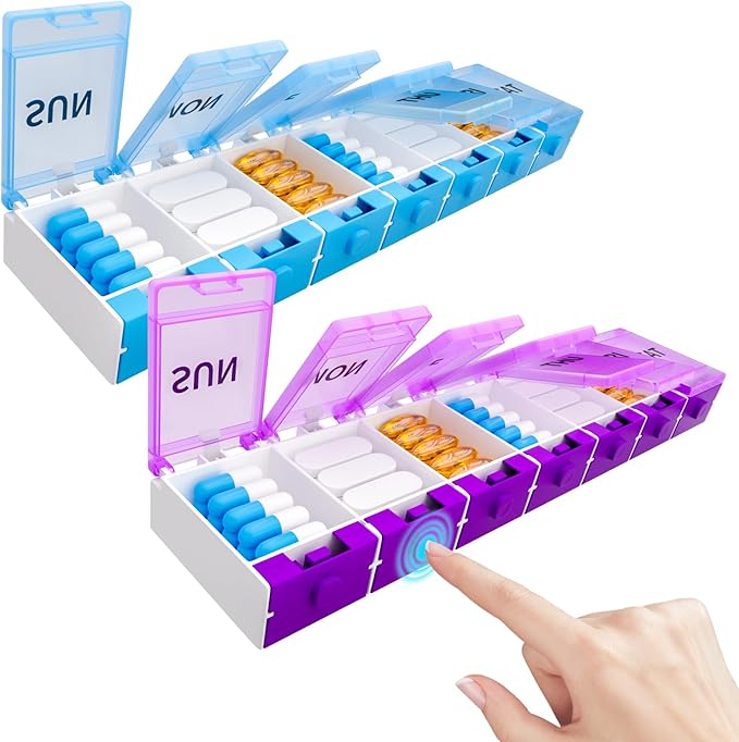 2 Pack Weekly Pill Organizer 2 Times a Day, Push Button Medicine Pill Organizer, Pill Box Case 7 Day AM PM BPA-Free, Pill Container for Vitamins, Fish Oil, Supplements Medication (Blue+Purple)