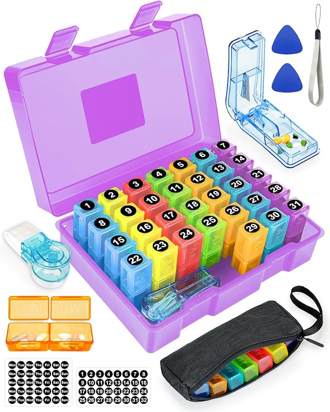 Monthly Pill Organizer 2 Times a Day – Yonlog Large Medicine Box with Weekly Travel Bag, Pill Cutter, Easy-Open Pick, Pill Taker Tool, and 2 Medication Stickers (Purple, 2 Times a Day)