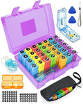 Monthly Pill Organizer 2 Times a Day, FRIWOLE Medicine Box with Portable Weekly Pill Bag, Pill Taker Remover, Pill Cutter and 2 Sticker (Purple, 2 Times a Day)