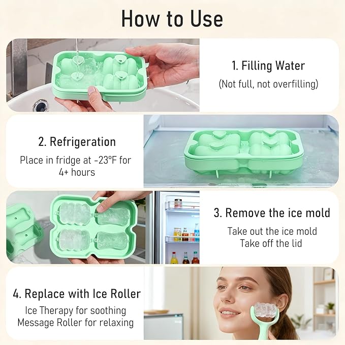 Ice Roller for Face, Reusable Facial Ice Roller for Eyes, Face, and Neck, 2 in 1 Massage Roller with Ice Face Mold and Silicone Textured Roller Head for Skin Care and Puffiness & Pain Relief, Green