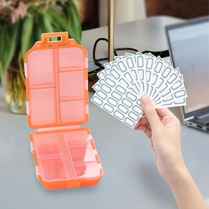 INVODA 12PCS 10-Compartment Pill Organizer BPA-Free Travel Pill Case with Daily Labels Portable Medicine Box for Vitamins, Supplements & Jewelry