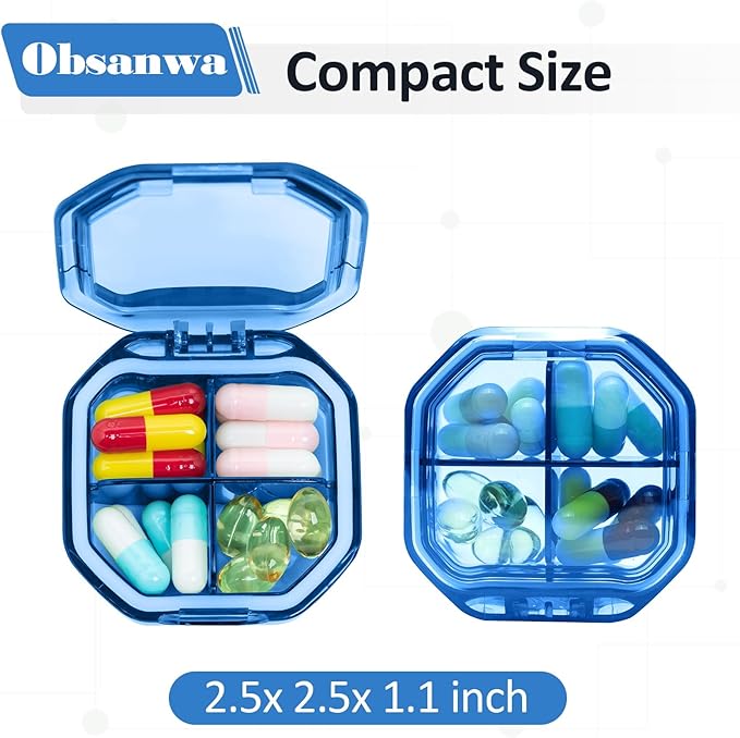 Daily Pill Organizer, 2 Pack 4 Compartments Small Pill Box Portable Pill Case, Travel Pill Organizer for Purse Pocket to Hold Vitamins, Cod Liver Oil, Supplements and Medication (Blue+Green)