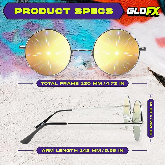 GloFX Diffraction Glasses | Hippie and Pilot Style Metal Frames with Mirror Lens and 3D Prism Rainbow Effect