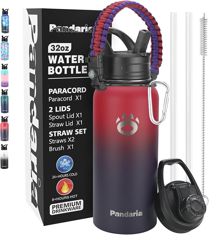 Insulated Water Bottle 32oz, Stainless Steel Water Bottle with Straw & Spout Lids & Paracord Handle | with Straw, Spout Lids, Paracord Handle