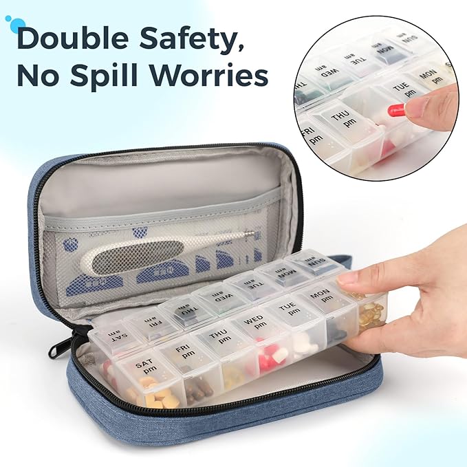 Weekly Pill Organizer 2 Times a Day, Travel Pill Box 7 Day with Large Opening, Pill Case with Handle, Pill Dispenser Medicine Organizer for Vitamins, Fish Oils, Medications, Supplements(Black, Large)