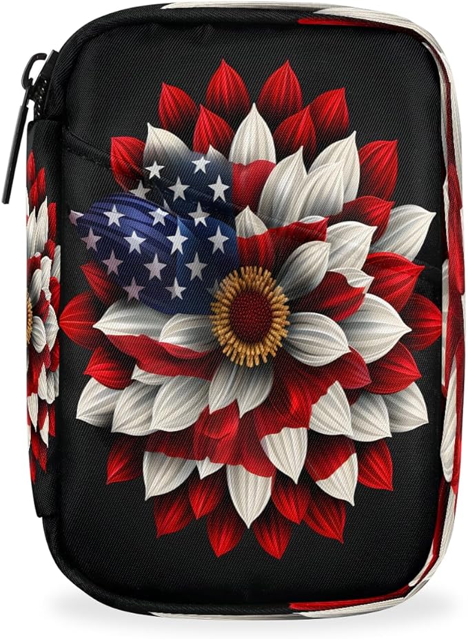 American Flag Daisy Flower Travel Pill Organizer Box Weekly Portable Pill Case Daily Pills 7 Day Small Birth Control Pills Container Removable Compartments for Medicine Vitamins Fish Oil