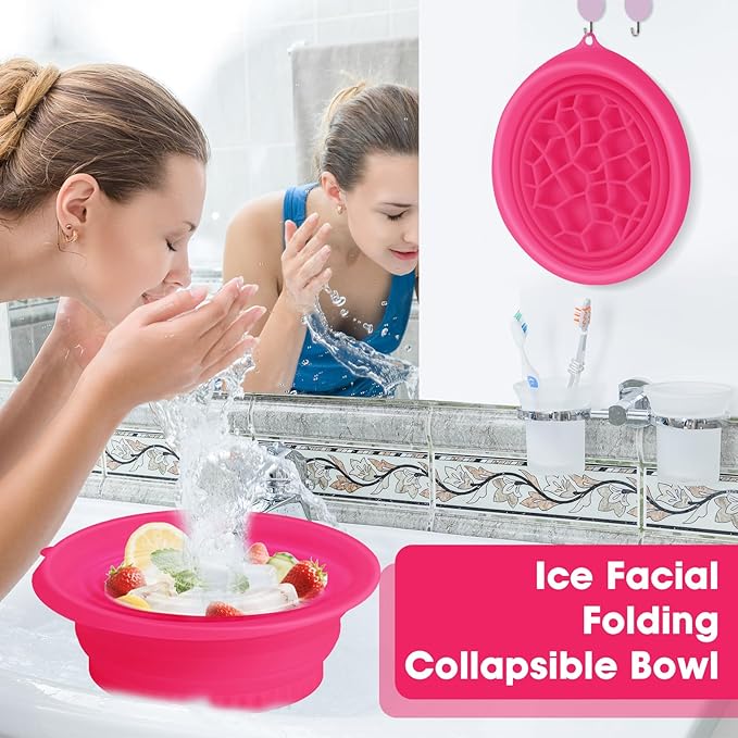 Face Bowl for Ice With Built-in Ice Tray Collapsible Silicone Facial Face Ice Bath Bowl Small Reusable Cold Plunge Basin is Portable,Perfect for Home Use,Camping,Travel Cold Bath Spa Tool & Rose