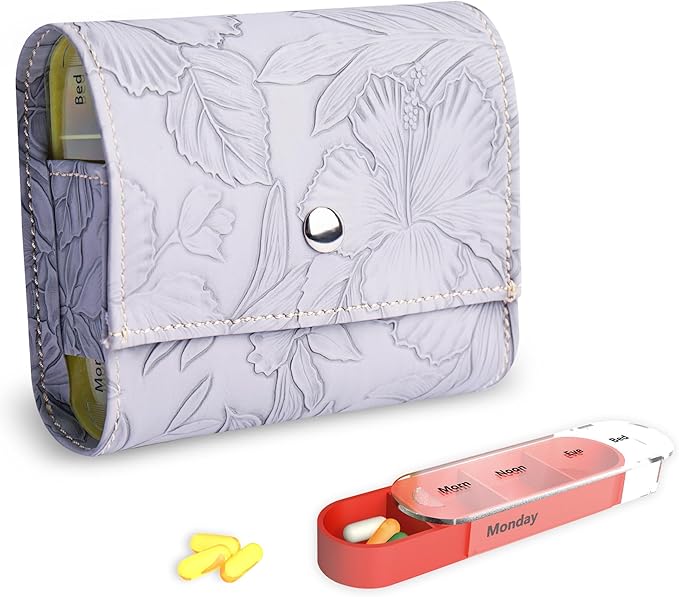 Pill Organizer,LIZIMANDU Weekly Travel Pill Case Box Medication Reminder Daily AM PM, Day Night 7 Compartments,for 4 Times A Day, 7 Days a Week-Includes Leather PU Carrying Case(1-Carved Grey)