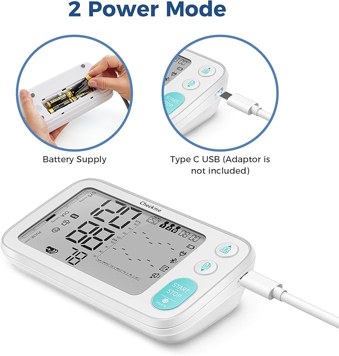 Checkme Blood Pressure Monitors for Home Use, Automatic Digital BP Machine with Bluetooth, Dual Display with 7 Days Trends, XL Size Cuff 8.7-17.7˝, 2 * 250 Storage, Dual Power Supply, Voice Broadcast