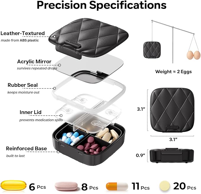 Betife Travel Pill Organizer for Purse, Small Cute Pill Box with Mirror, 4 Large Compartment Pill Case, Waterproof Medicine Container, Portable Faux Leather Vitamin Case BPA-Free (Classic Black)