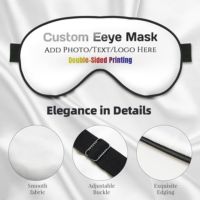 Custom Sleep Eye Mask Personalized Men Women Blindfold Design Your Own Photo Text Logo Adjustable Strap Soft Eyeshade Customized Blackout Eye Cover for Home Offices Travel White