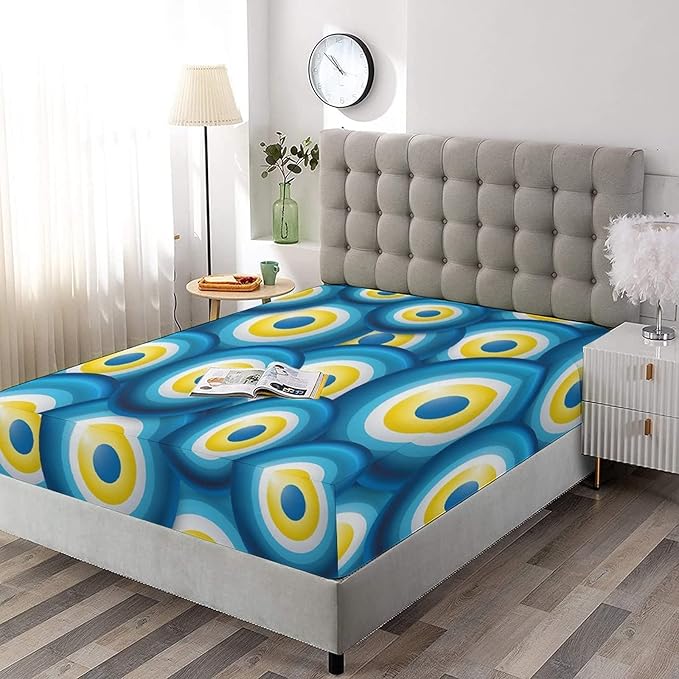 Decorative Bedding Sheet Set Twin XL Size, Evil Eye Deep Pockets Fitted Sheet & 2 Pillow Sham Set, Overlapping Evil Eye Figures Turkish Lucky Sign Print Microfiber 3pc Bed Sheets Set