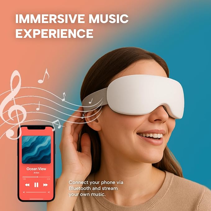 Eye Massager with Heat & Cooling | 12 Precision Massage Nodes | Bluetooth Music | 4 Massage Modes | 2400mAh Battery | Relaxation for Eye Strain, Dry Eyes, Stress & Headaches