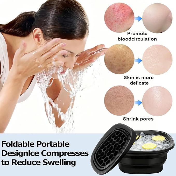 Face Bowl for Ice with Built-in Ice Tray, Collapsible Silicone Facial Face Ice Bath Bowl Reusable Face Tub for Ice Bath Foldable Portable Facial Cold Plunge Skincare for Home Ice Water Black