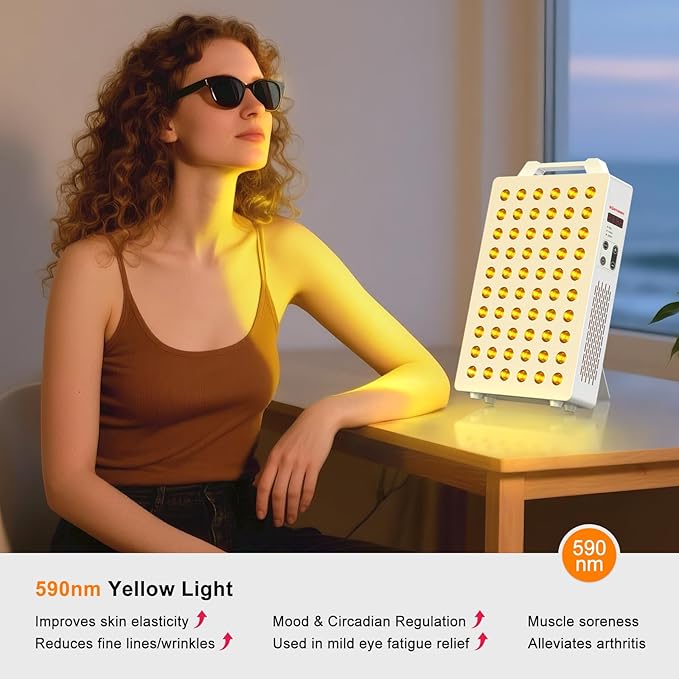 Blue/Yellow Light Therapy, 450/480/590nm 3 Wavelengths Blue Yellow Light Device with 60 Dual Chip Clinical Grade LEDs, Remote Control, Timer for Face, Body, Improve Skin, BO-300 (White)