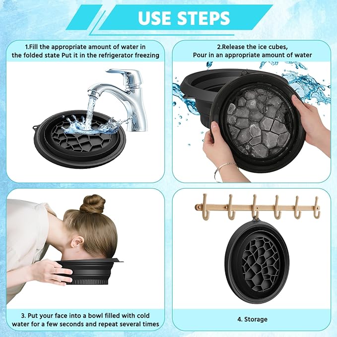 Face Tub for Ice Bath with Built-in Ice Tray – Collapsible Silicone Facial Ice Bath Bowl for Cold Plunge Therapy, Skin Tightening & Acne Relief – Portable Spa Tool for Home & Travel (Black)
