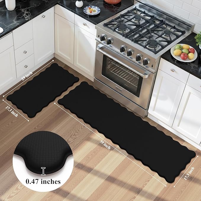 KIMODE Scalloped Kitchen Mats for Floor Cushioned Anti Fatigue,Wavy Kitchen Sink Rugs Sets of 2 Non Slip,Comfort Memory Foam Kitchen Floor Mat Carpet for Office Laundry,Black