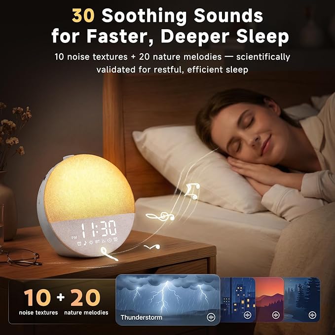 Sunrise Alarm Clock White Noise Machine | Natural Wake-Up Light for Bedroom with 30 Soothing Sleep Aids, Bluetooth Speaker, Dimmable Clock, Screen-Free Design for Baby Adults Kids-Grey