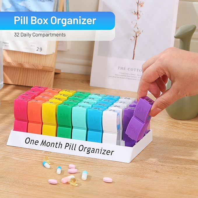 Monthly Pill Organizer 2 Times a Day, 30 Day Pill Box AM PM for Small Pill, 31 Day Vitamin & Medication Organizer with Removable Daily Compartments, DIY Number Labels, Portable Travel Pill Case
