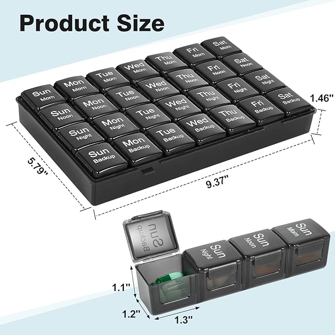 Large Weekly Pill Organizer, 4 Times a Day, 7-Day Moisture-Proof Pill Box with 28 compartments, Capable of Accommodating Large Amounts of Vitamins, Supplements, Fish Oil, and Medicine (Black)
