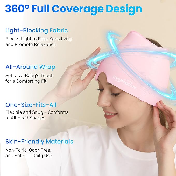 2 Pack Migraine Relief Cap, Reusable Headache Relief Cap with Hot & Cold Therapy, Soothing Headache Hat, Odorless Gel Ice Head Wrap for Tension, Stress, Sinus & Headache, Black&Pink