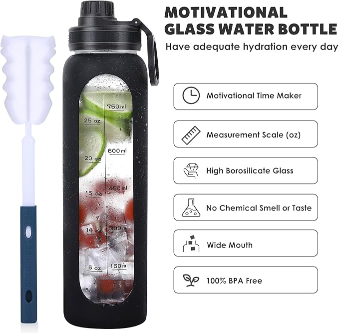 GIEMIT Glass Water Bottles 32oz with Silicone Sleeve Drinking Hydration Bottles Reusable Borosilicate Wide Mouth Motivational Water Flask Canteen with Time Marker Spout Lid and Brush