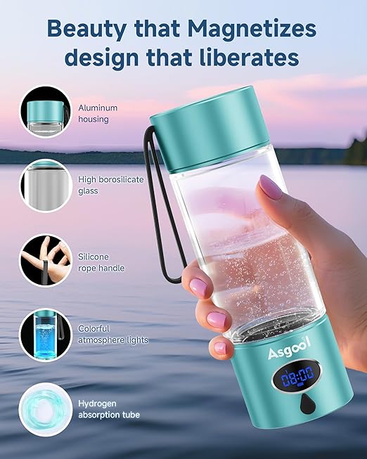 Hydrogen Water Bottle - 5000 PPB in 8 Minutes, Cyclic Mode for 8 Hours, Self Clean, Aluminum & Glass, for Travel Sports Office Home, Gift for Father Mom Family Friends Clients(CyanBlue, 12Oz)