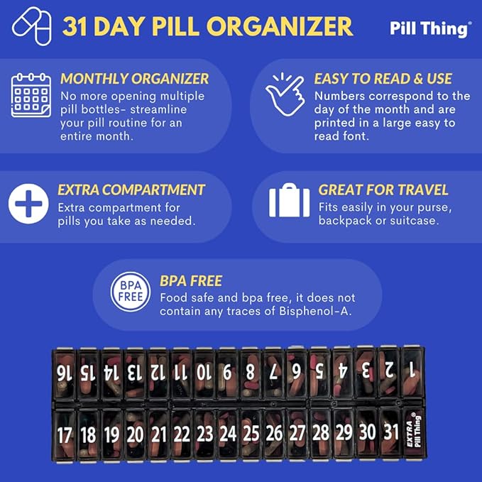 Once-a Day Monthly Pill Organizer Removable Lid for Easy Loading - Large Compartment Pill Box Medications for Entire Month Plus a Compartment for Extra Pills BPA Free