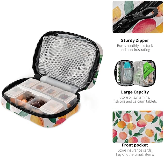 Travel Pill Case Peach with Leaf Weekly Small Pill Box 7 Day Pill Box Pill Organizer Bag