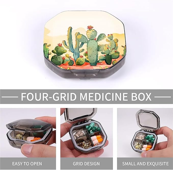This Portable Cacti in The Desert Pattern 4 Compartment Pill Box Can Be Placed in A Pocket Or Wallet to Store Vitamins, Medicines Health Supplements Other Medications.