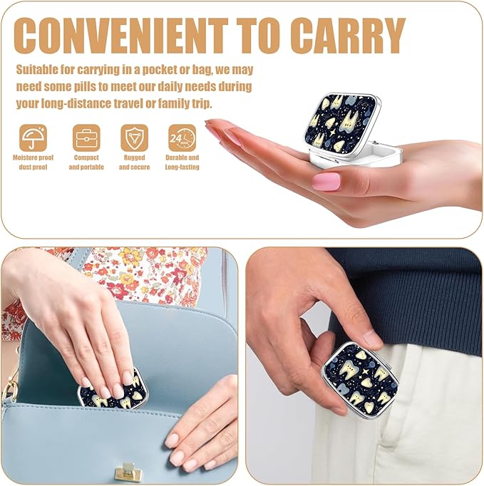 Pill Box-2 Compartment Small Pill Case Square Organizer Case with Mirror Portable Metal Medicine Box Travel Container for Pocket & Purse Women Men(Cute Teeth)