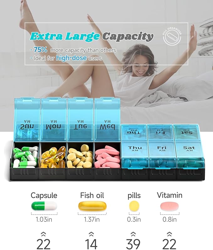 7 Day Extra Large Pill Organizer 2 Times a Day, Weekly Pill Box Twice a Day, XL AM PM Pill Case, Oversized Daily Medicine Organizer for Vitamin, Big Pill Container (Cyan)
