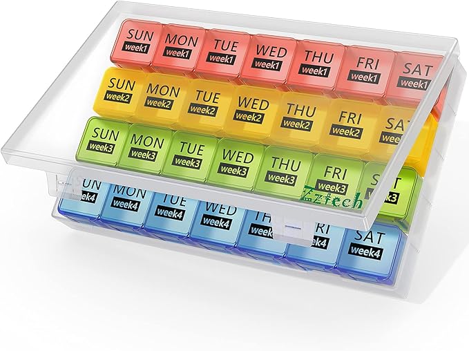 Monthly Pill Organizer 28 Day Pill Box Organizerd, Large 4 Weeks One Month Pill Cases with Dust-Proof Container for Pills, Vitamin, Fish Oil, Supplements (Rainbow)