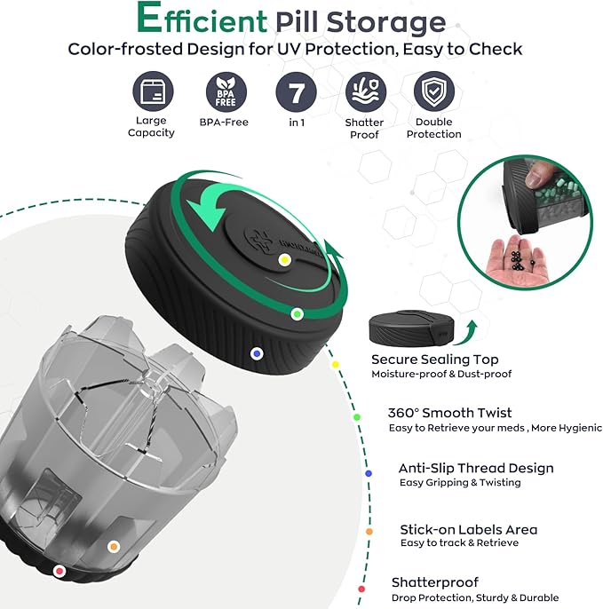 Pill Dispenser with 7 Large Compartments,Portable Pill Bottle Organizer for Travel,Anti-Mixing Supplement Organizer Easy Twist Wide-Opening Pill Container with 20Pcs Labels,Translucent Black