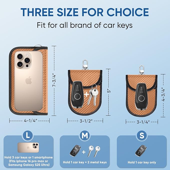 TICONN 2PK Faraday Bags for Car Keys Fob, 7.75"X4.25" Faraday Cage Protector, Car RFID Signal Blocking, Anti-Theft Pouch Anti-Hacking Case Blocker (Bronze, L)