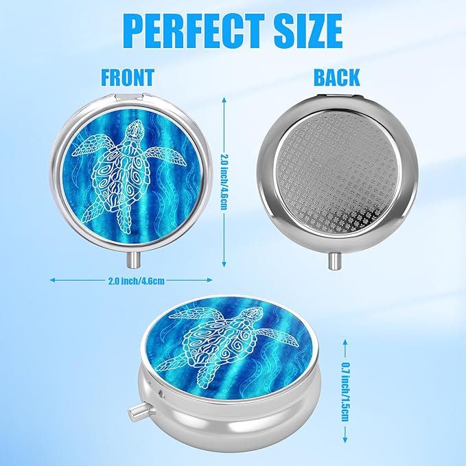 Blue Marble Turtle Pill Case, Pill Box 3 Compartments Metal Small Pill Holder with Mirror Mini Travel Pill Container for Purse Pocket Women Men