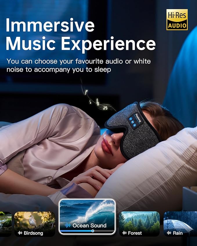 Sleep Mask with Bluetooth 5.4 Headphones, 3D Contoured Sleep Eye Mask with Ultra-Thin HD Stereo Speakers for Side Sleepers, Long-Lasting Battery Life & Blackout for Men Women Deeper Sleep