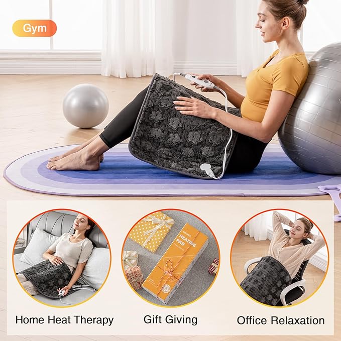 Woomer Faux Fur Electric Heating Pad for Back Pain Relief, Extra Large 17” x 33”, Extended Coverage from Neck to Hip, Two-Sided, Moist Mode, ETL Certified, 6 Adjustable Heats & 2H Auto-Off,Grey
