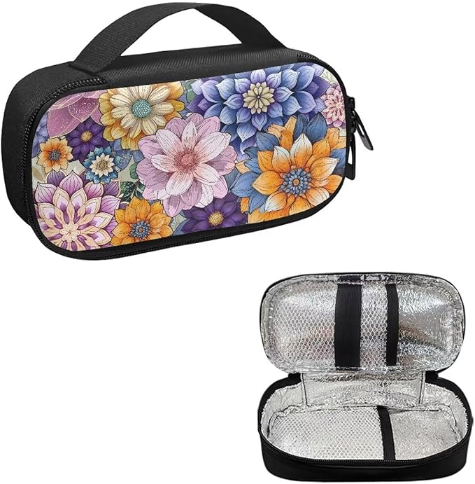 Bohemian Flower Diabetic Supplies Bag Carrying Case Organizer For Diabetes Testing Kit, Blood Glucose Monitor Kit with Meter, Blood Sugar Test Strips, Lancets, Lancing Device, Alcohol Wipe