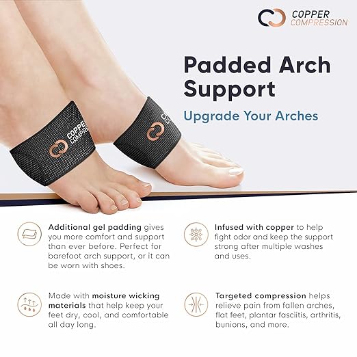 Copper Compression Padded Arch Support Sleeves. Targeted Compression for Plantar Fasciitis Symptoms, Pain, Flat Feet & High Arches. Breathable Support for Men & Women - Black