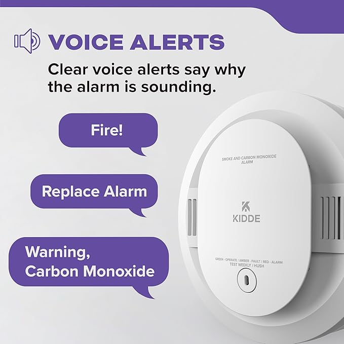 Kidde Smoke and Carbon Monoxide Detector, 10-Year Battery Powered, with Voice Alerts, LED Status Lights, 85 dB Alarm, 5 inches, 30CUD10-V, 3 Pack